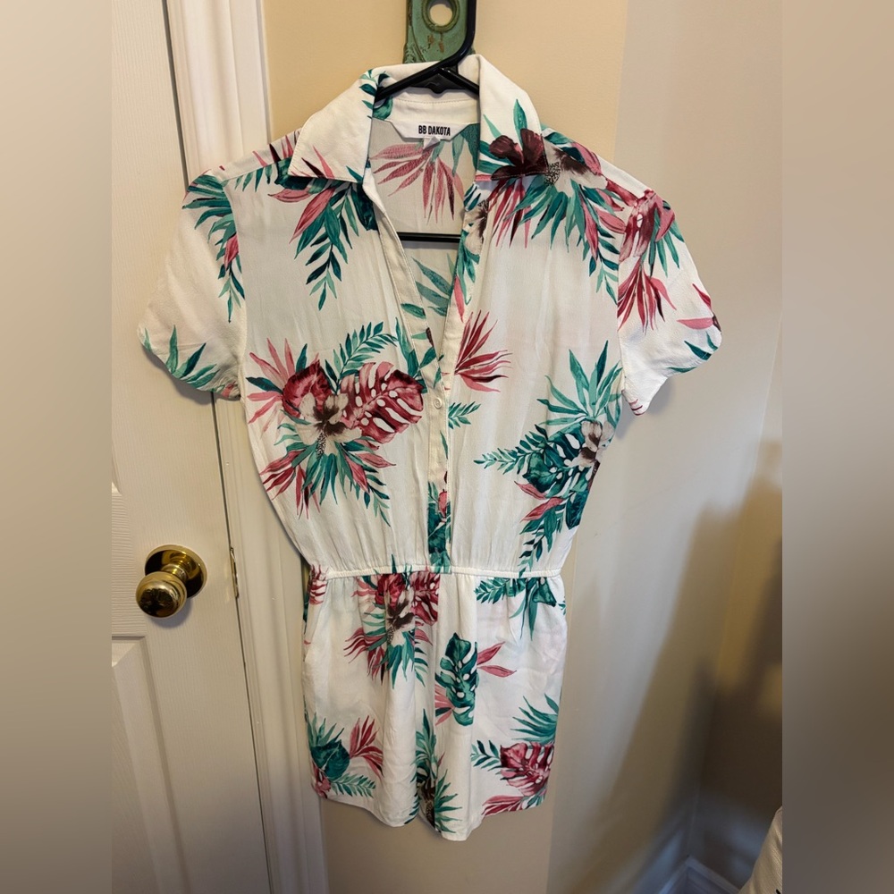 BB Dakota White Floral Tropical Short Romper with Green & Pink Leaves